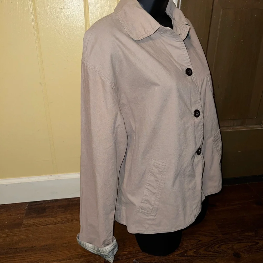 Cherokee Khaki Tan Button Up Long Sleeve Utility Jacket  Y2K Plaid Lining Size S - Picture 6 of 12